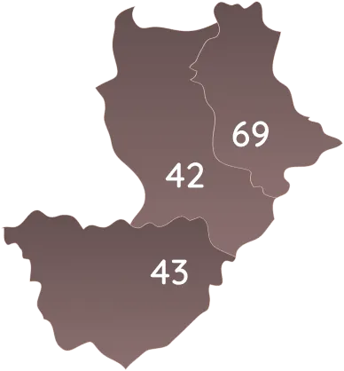 Carte de régions numérotées 42, 43 et 69.