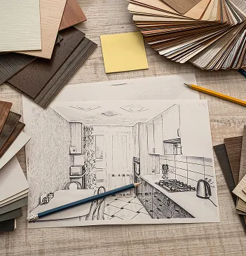 Dessin technique d’un bâtiment avec outils sur table.